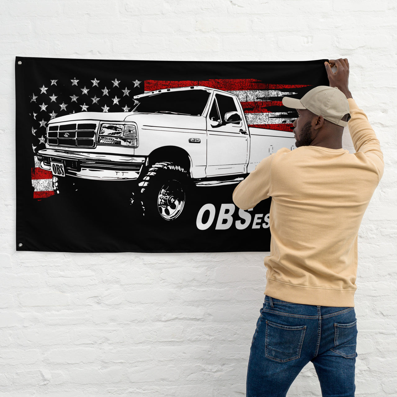 man hanging OBS Single Cab Truck Wall Flag 