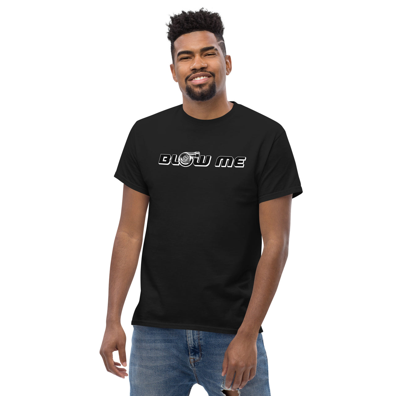 Funny Car Enthusiast Blow Me Turbo T-Shirt modeled in black
