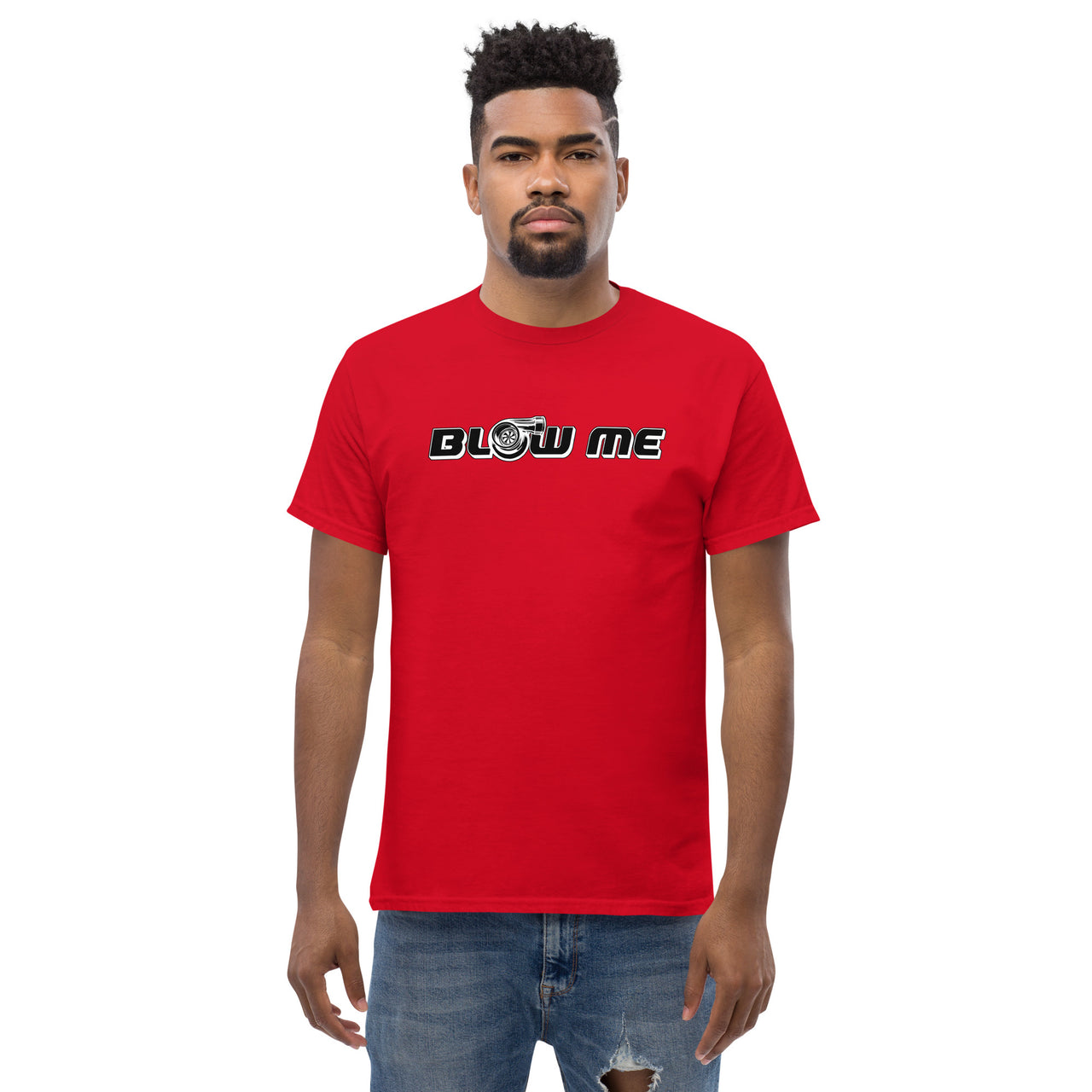 Funny Car Enthusiast Blow Me Turbo T-Shirt modeled in red