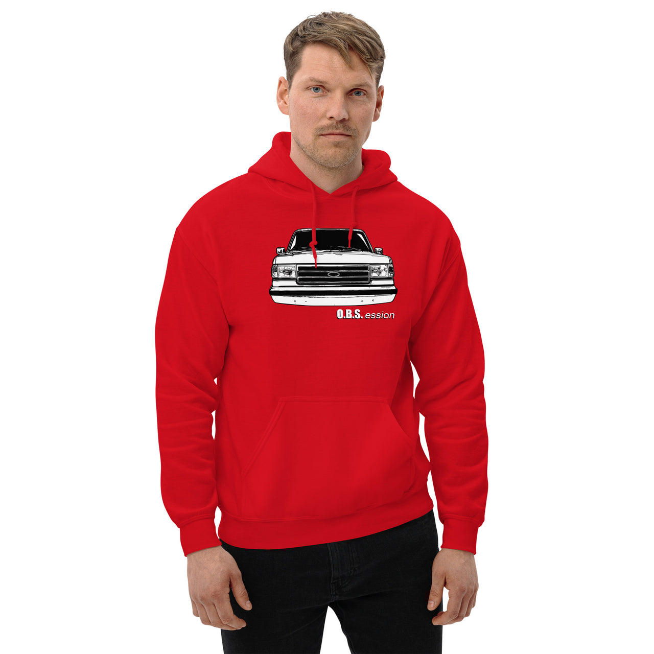 Brick Nose OBS Truck Hoodie modeled in red