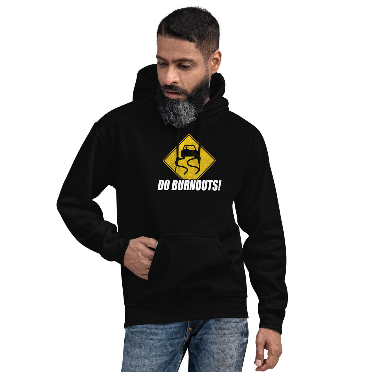 burnout sign hoodie for car enthusiasts modeled in black