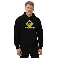Thumbnail for burnout sign hoodie for car enthusiasts modeled in black