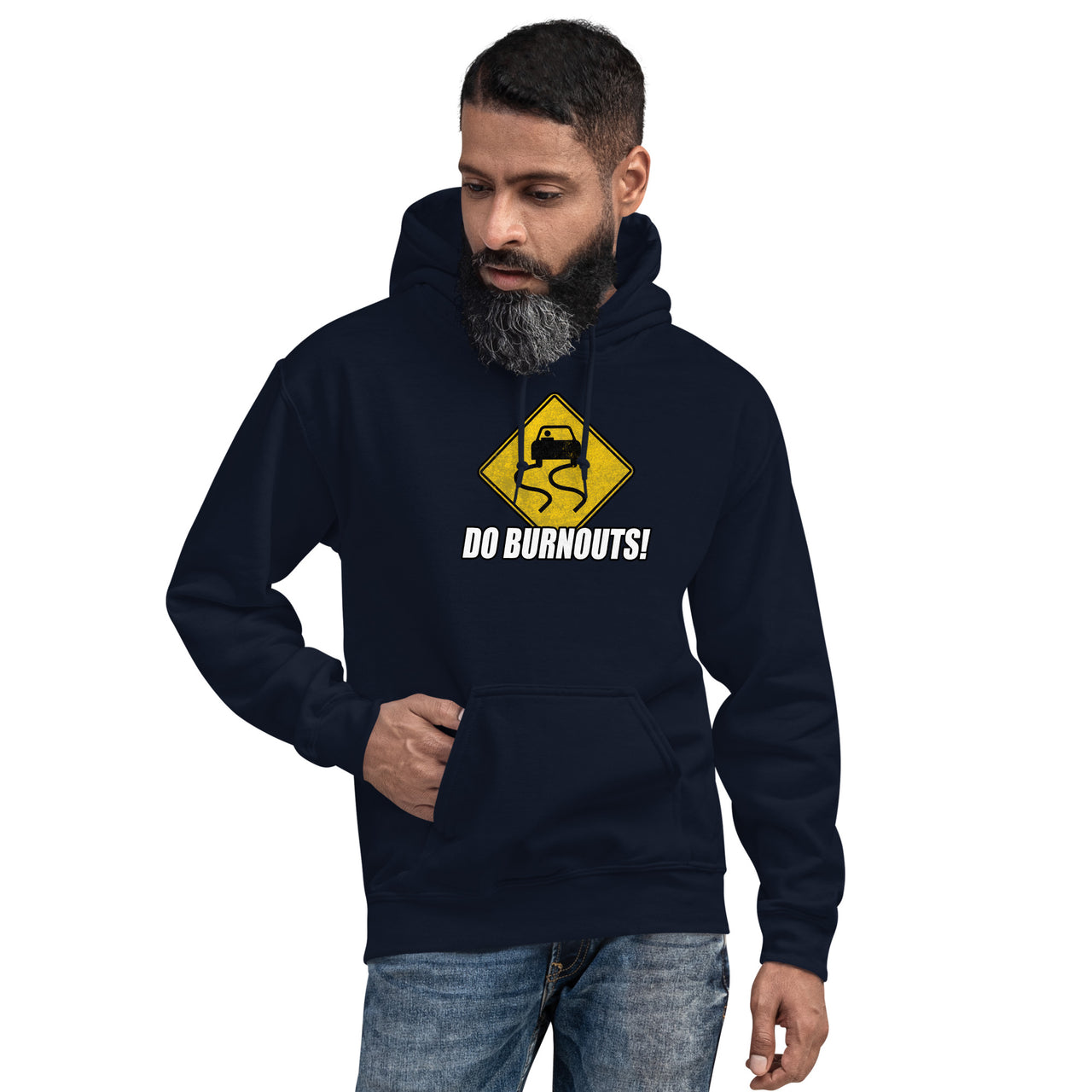 burnout sign hoodie for car enthusiasts modeled in navy