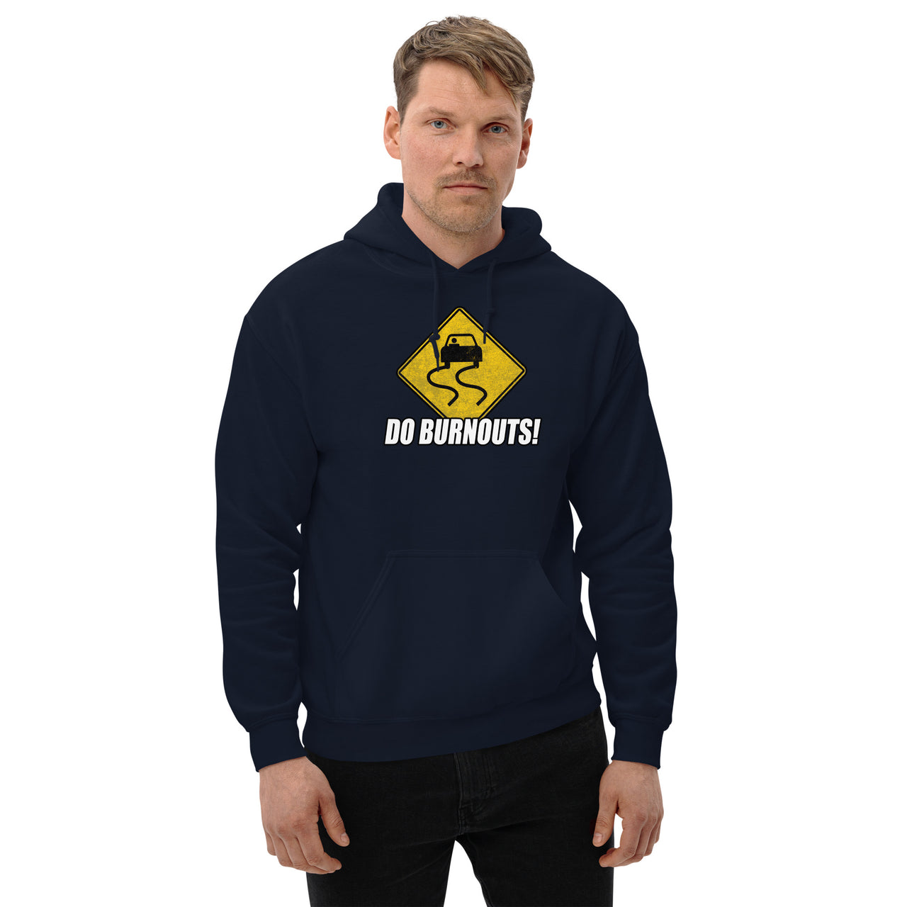 burnout sign hoodie for car enthusiasts modeled in navy