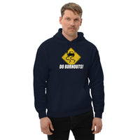 Thumbnail for burnout sign hoodie for car enthusiasts modeled in navy