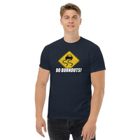 Thumbnail for Burnout Sign Funny Car Guy T-Shirt modeled in navy