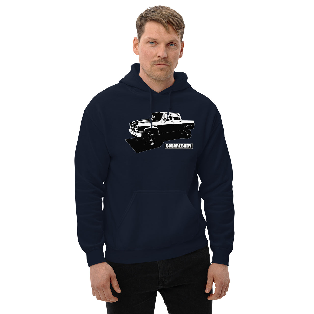 Squarebody Crew Cab Truck Hoodie modeled in navy