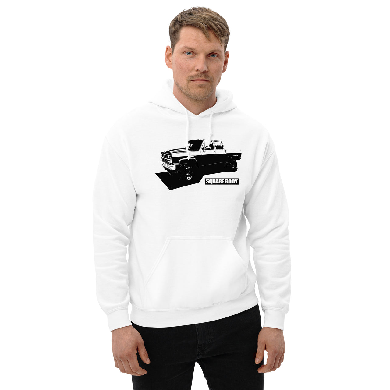 Squarebody Crew Cab Truck Hoodie modeled in white