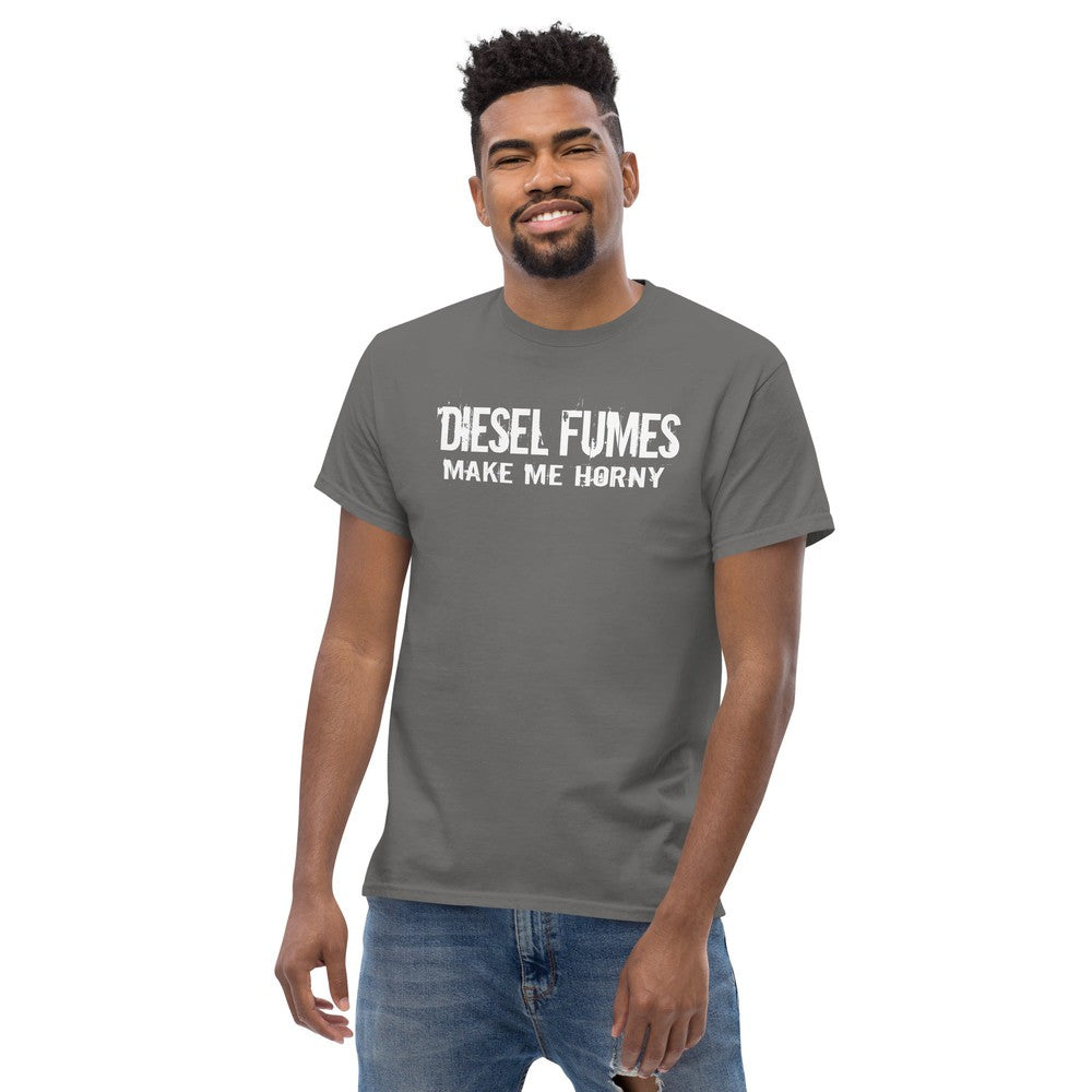 Diesel Fumes Make Me Horny Truck T-Shirt modeled in grey