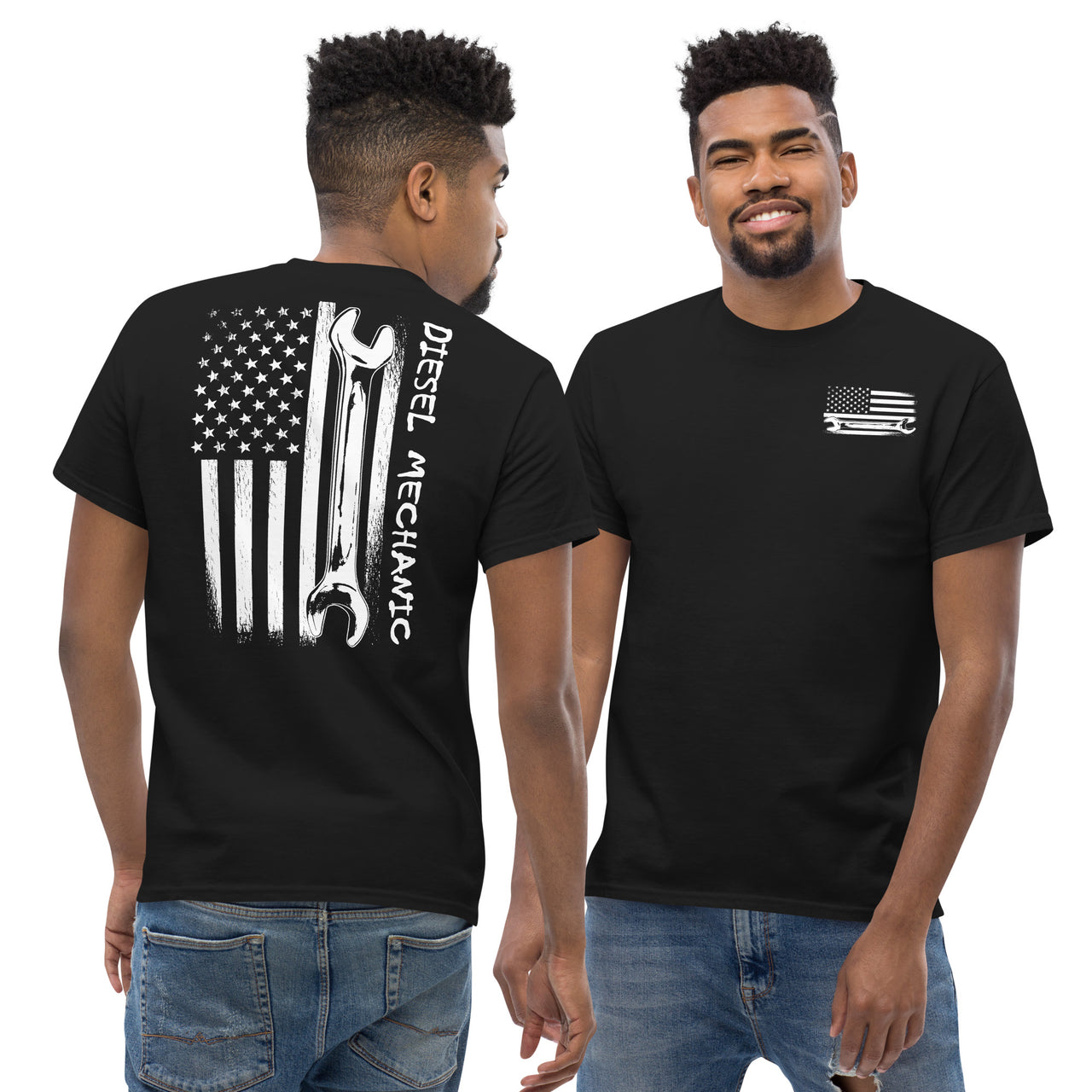Diesel Mechanic American Flag T-Shirt modeled in black