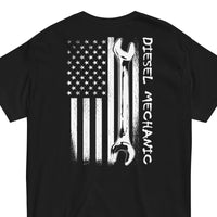 Thumbnail for Diesel Mechanic American Flag T-Shirt in black - back view close up