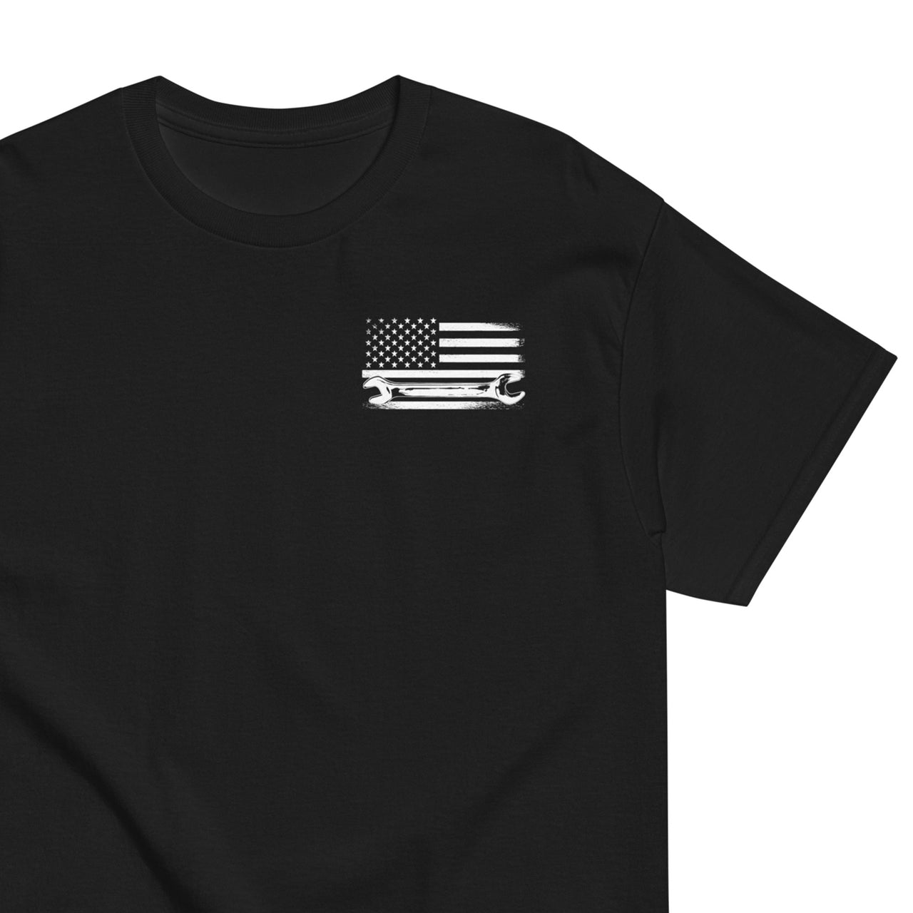 Diesel Mechanic American Flag T-Shirt in black - front print view close up