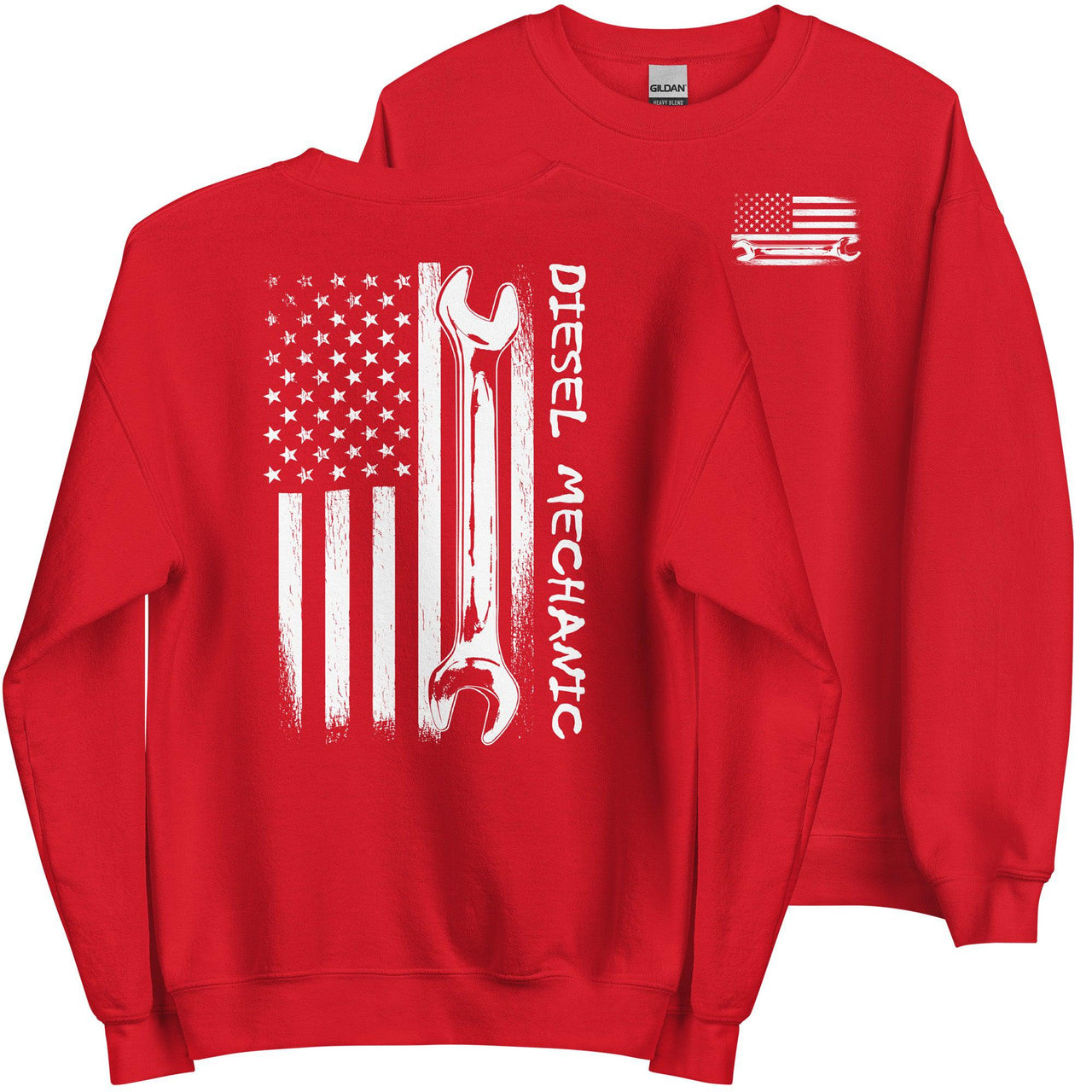 Diesel Mechanic American Flag Crew Neck Sweatshirt in red