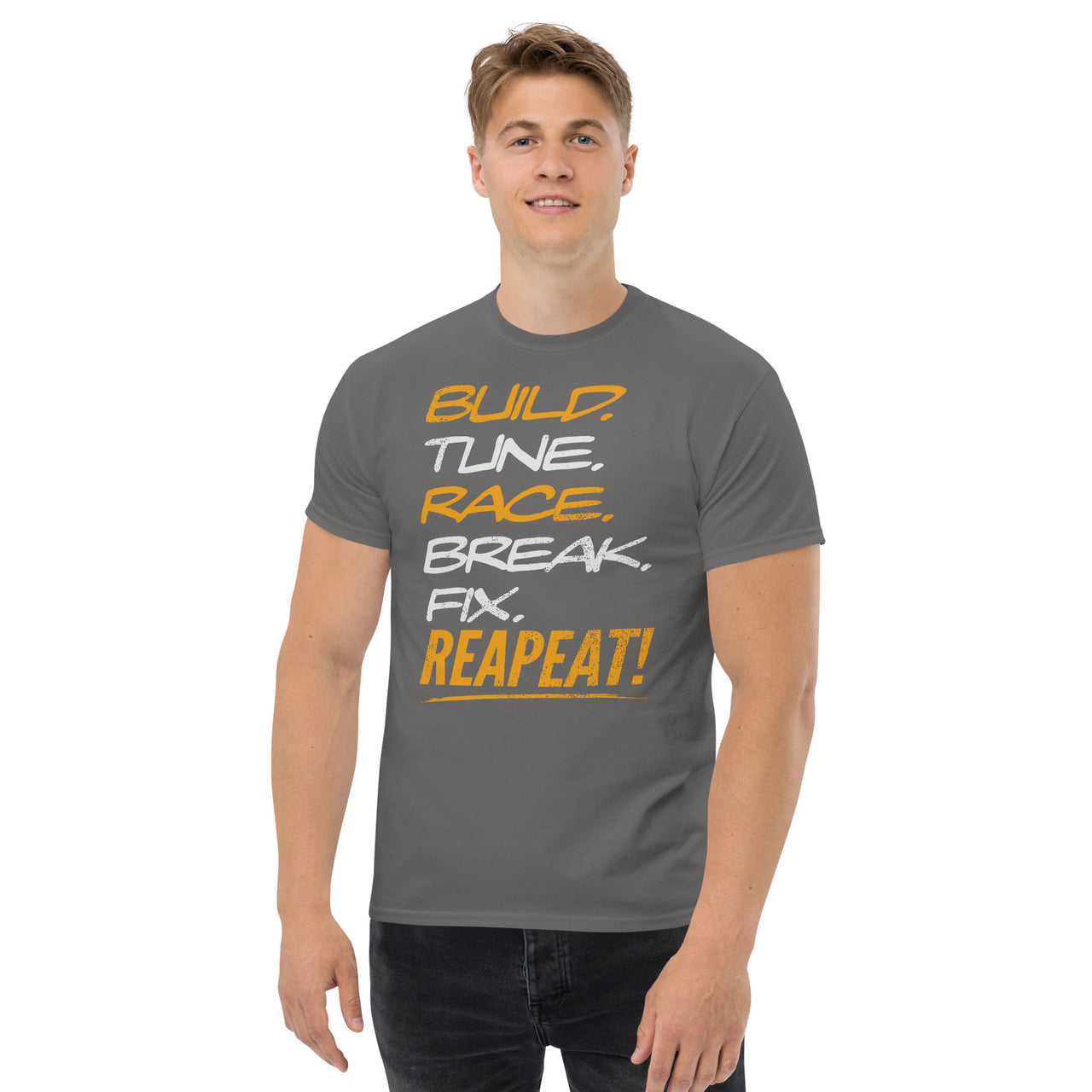 Drag Racing T-Shirt, Car Enthusiasts Tee, Racer / Racecar Lover T-Shirt modeled in grey