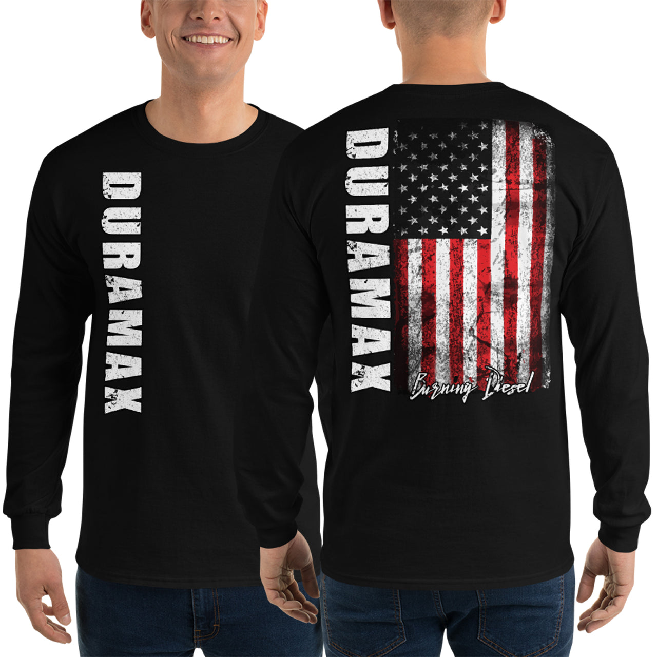 Duramax Shirt With American Flag Design Mens Long Sleeve T-Shirt modeled in black