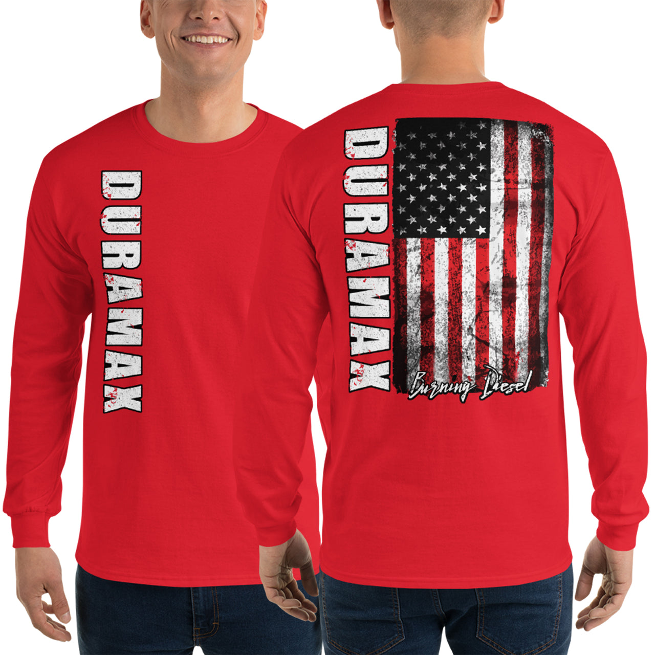 Duramax Shirt With American Flag Design Mens Long Sleeve T-Shirt modeled in red