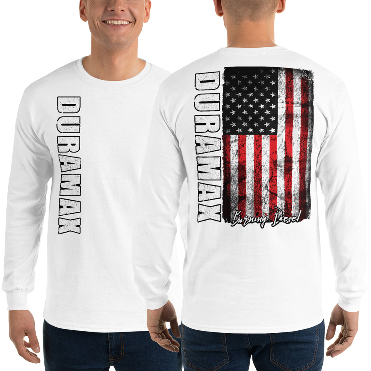 Duramax Shirt With American Flag Design Mens Long Sleeve T-Shirt modeled in white