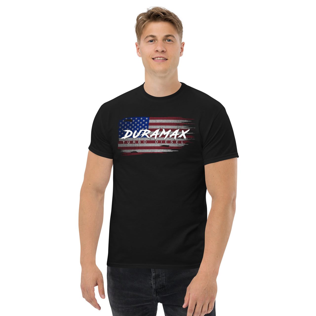 Duramax Diesel T-Shirt American Flag Shirt modeled in black