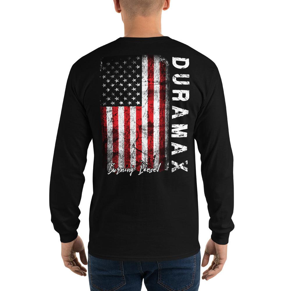 Duramax American Flag Long Sleeve T-Shirt modeled in black