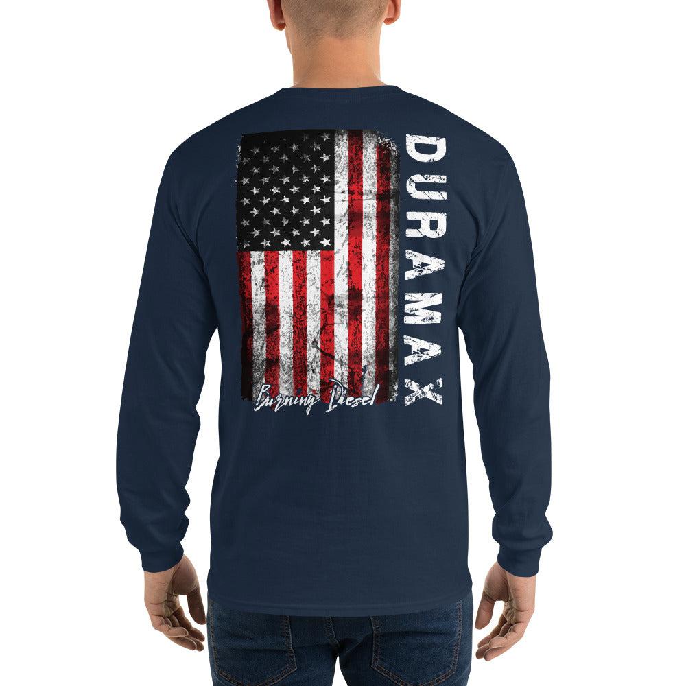Duramax American Flag Long Sleeve T-Shirt modeled in navy