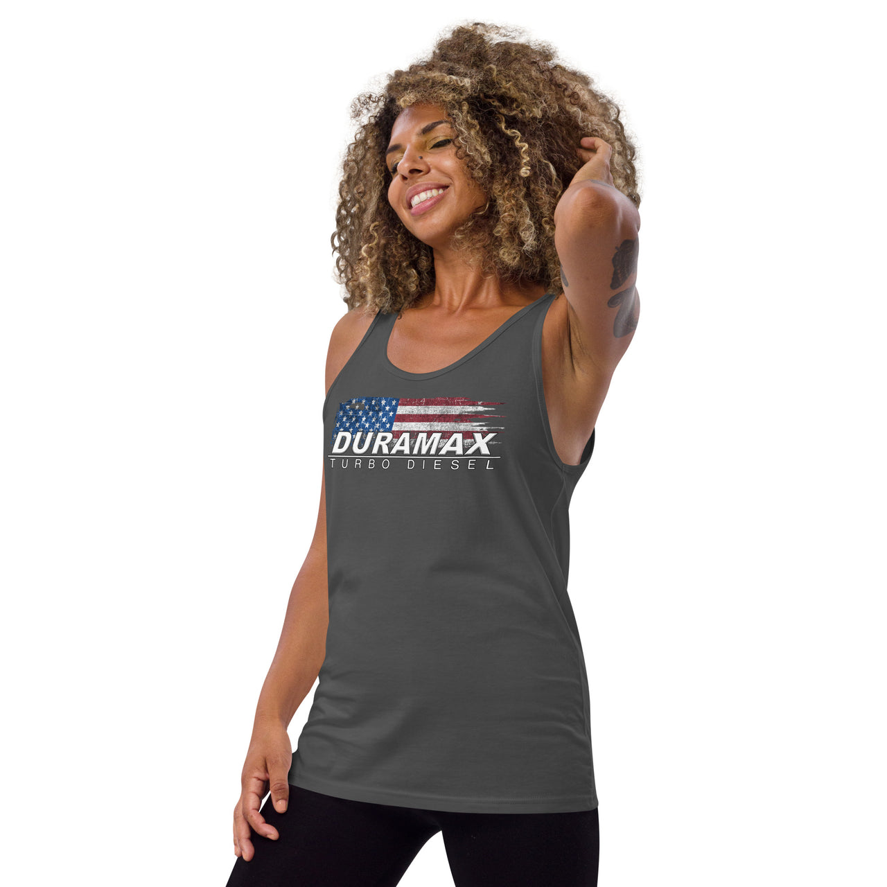 Duramax Tank Top Patriotic Shirt modeled in asphalt