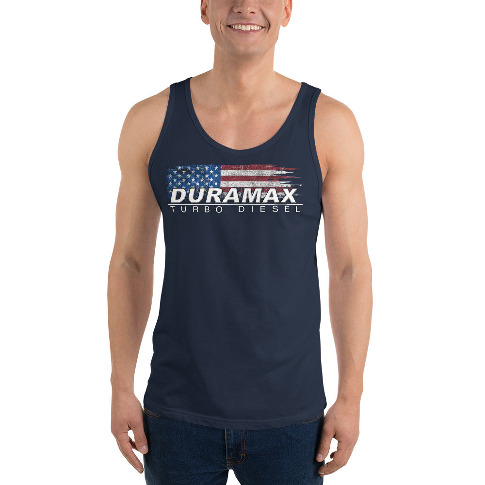 Duramax Tank Top Patriotic Shirt modeled in navy