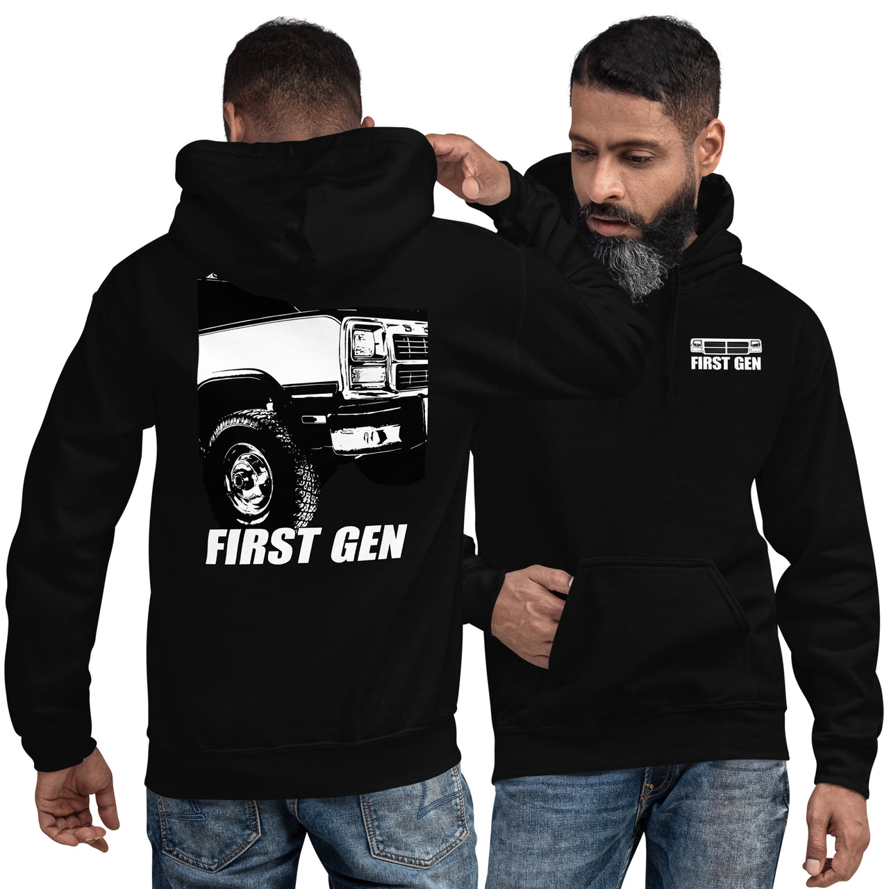 First Gen Truck Hoodie Sweatshirt With Close Up Design modeled in black