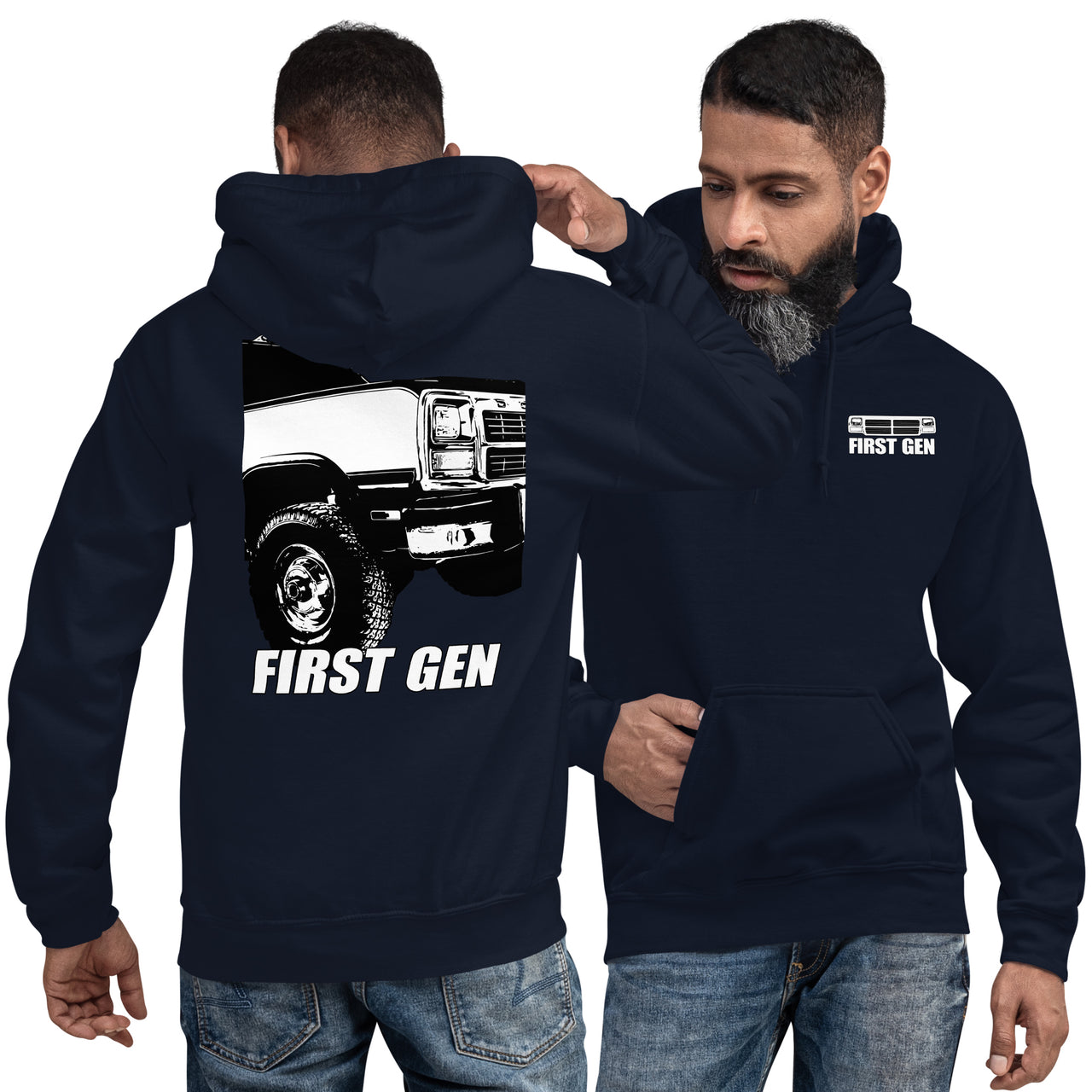 First Gen Truck Hoodie Sweatshirt With Close Up Design modeled in navy