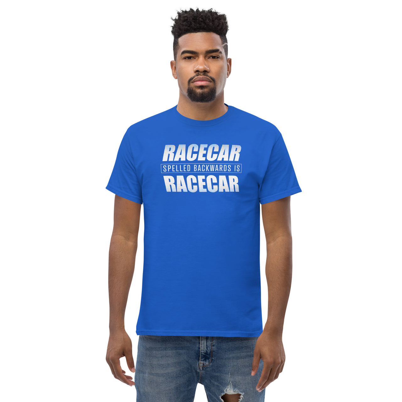 Funny Racecar Shirt, Car Enthusiast Gift, Drag Racing, or Racecar T-Shirt modeled in blue