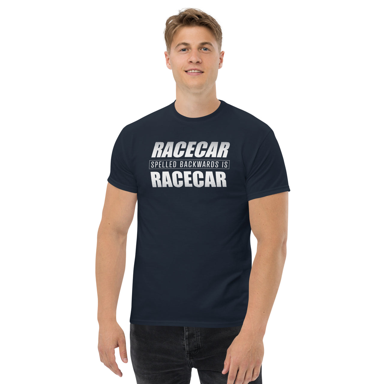 Funny Racecar Shirt, Car Enthusiast Gift, Drag Racing, or Racecar T-Shirt modeled in navy