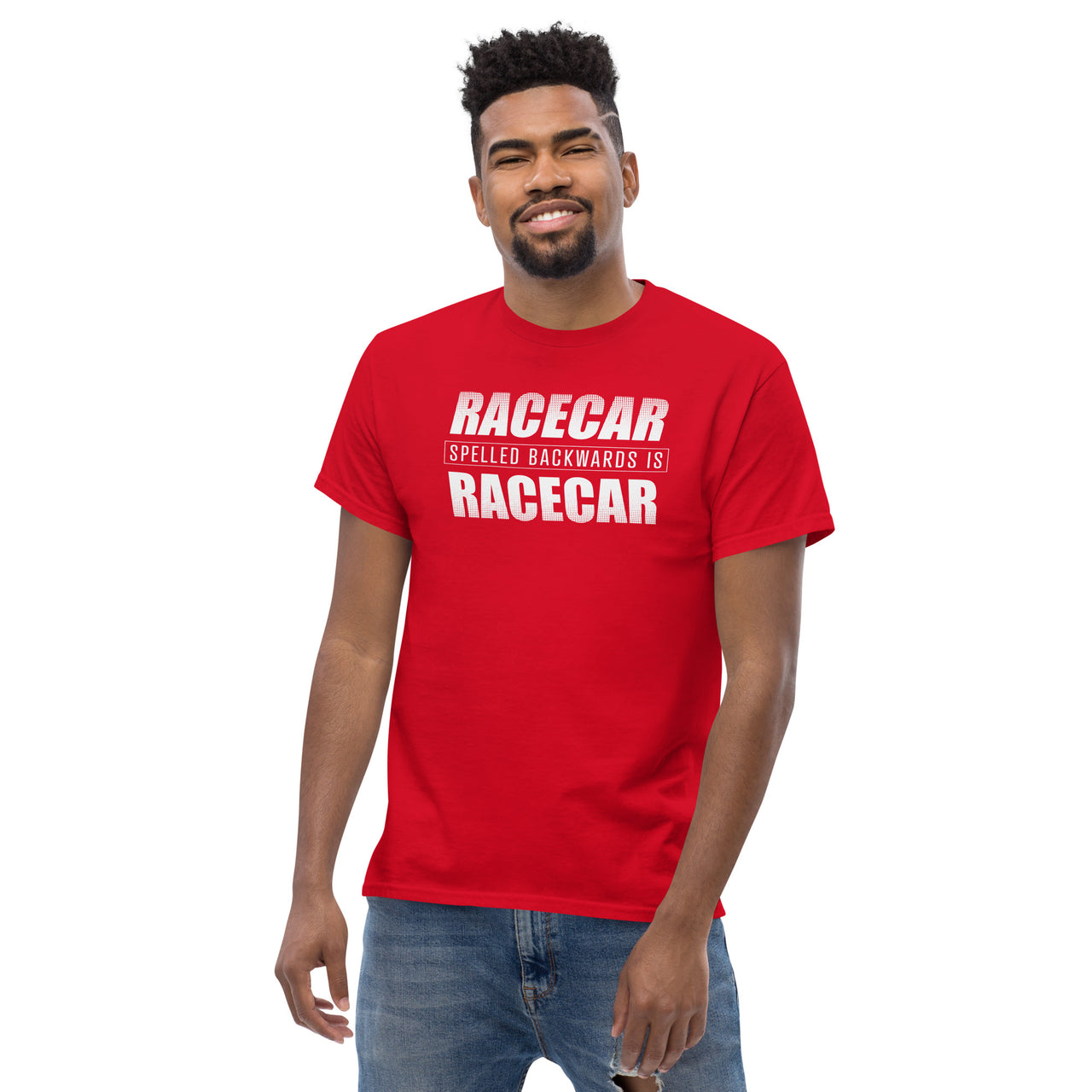 Funny Racecar Shirt, Car Enthusiast Gift, Drag Racing, or Racecar T-Shirt modeled in red