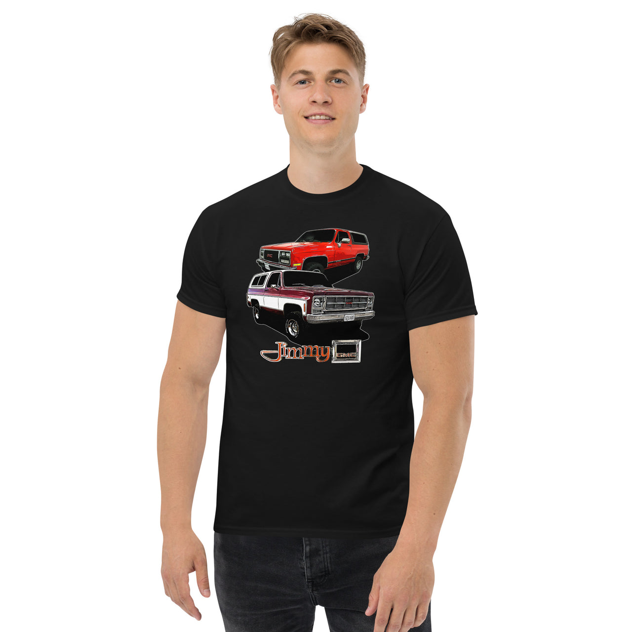 Square Body GMC Jimmy T-Shirt modeled in black