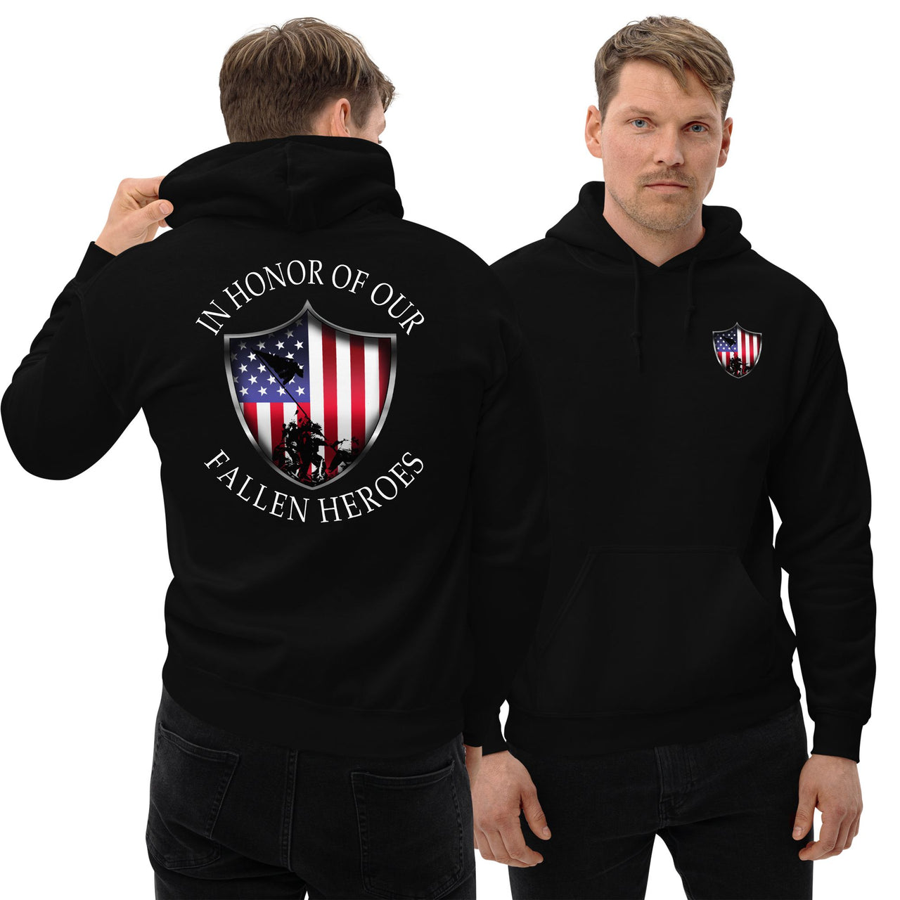 In Honor Of Our Fallen Military Hoodie modeled in black