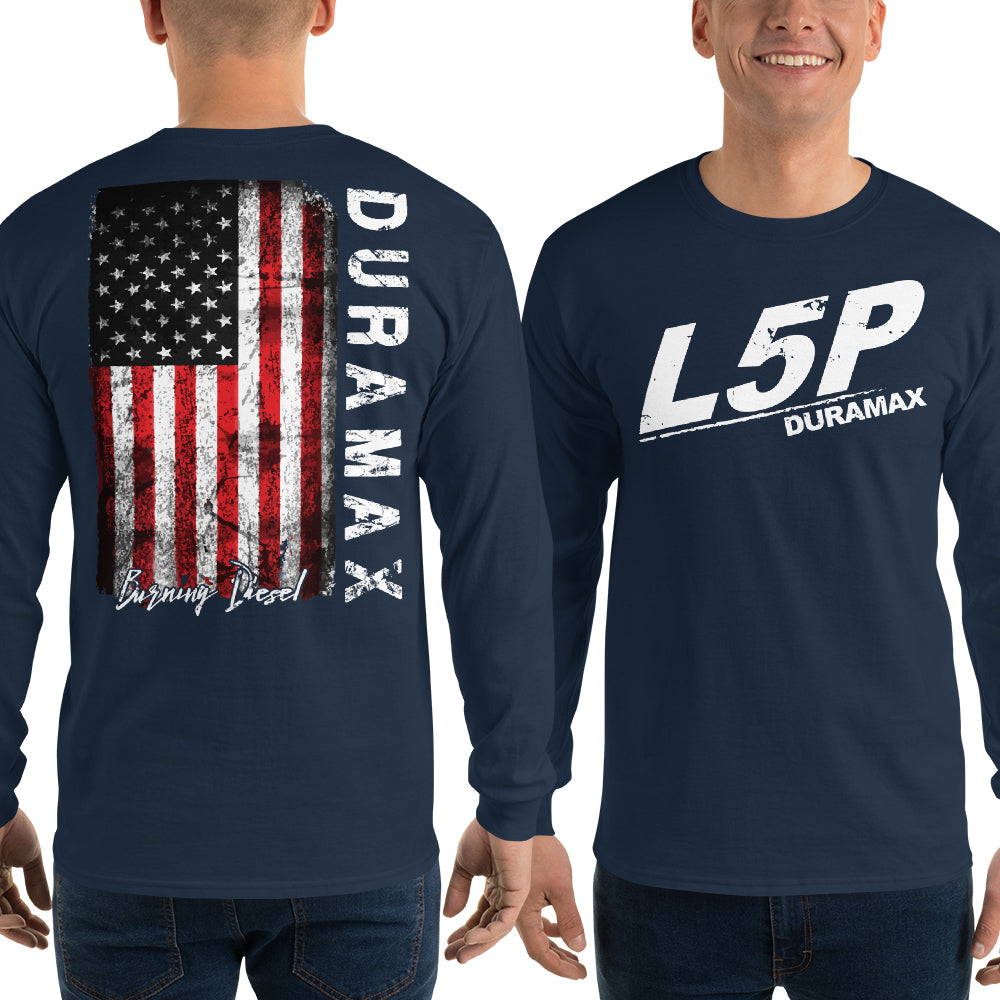 l5p duramax long-sleeve shirt modeled in navy
