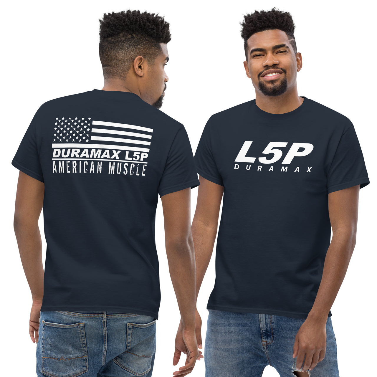 L5P Duramax Shirt Mens Diesel Truck Shirt modeled in navy
