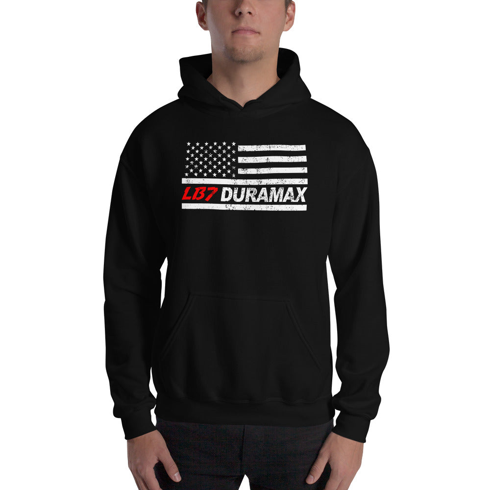 LB7 American Flag Duramax Hoodie Sweatshirt modeled in black