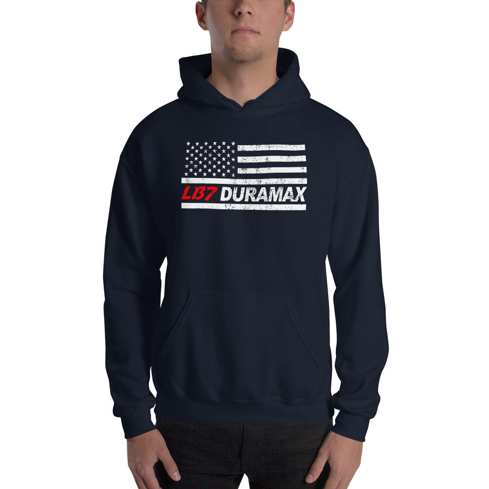 LB7 American Flag Duramax Hoodie Sweatshirt modeled in navy