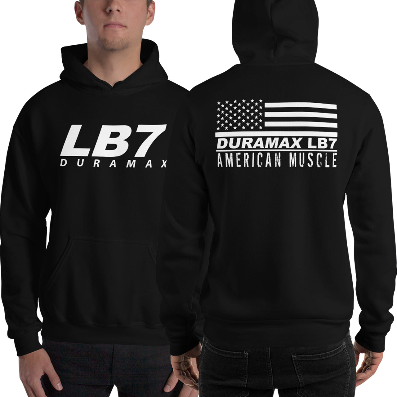 LB7 Duramax American Flag Hoodie modeled in black