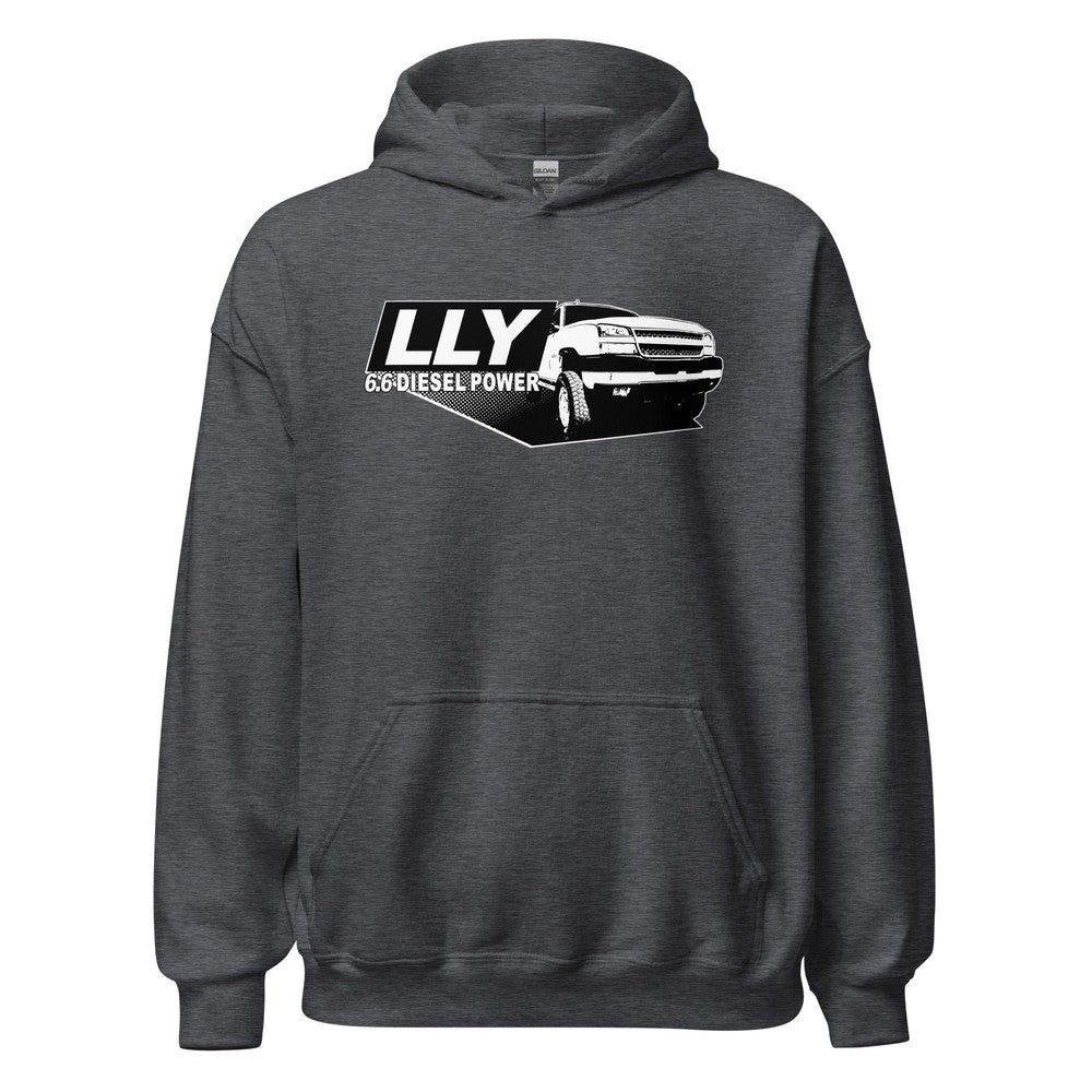 LLY Duramax Hoodie Sweatshirt With Truck-In-Dark Heather-From Aggressive Thread