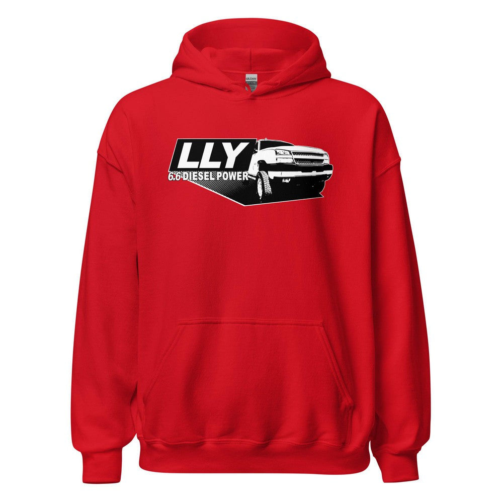 LLY Duramax Hoodie Sweatshirt With Truck-In-Red-From Aggressive Thread