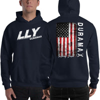 Thumbnail for LLY Duramax Hoodie in navy modeled