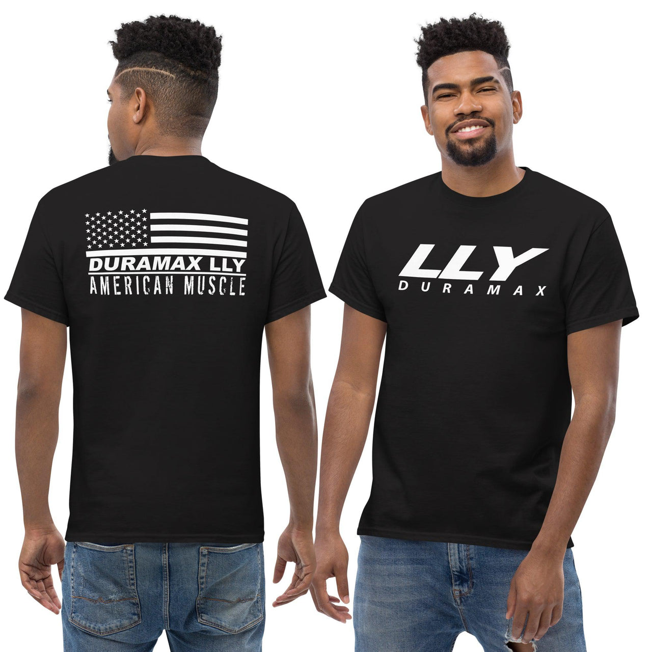 LLY Duramax T-Shirt American Muscle Design Flag - modeled in black