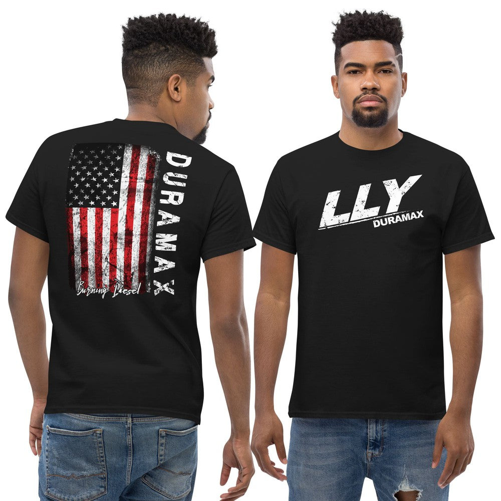 LLY Duramax T-Shirt With American Flag Design - modeled in color black