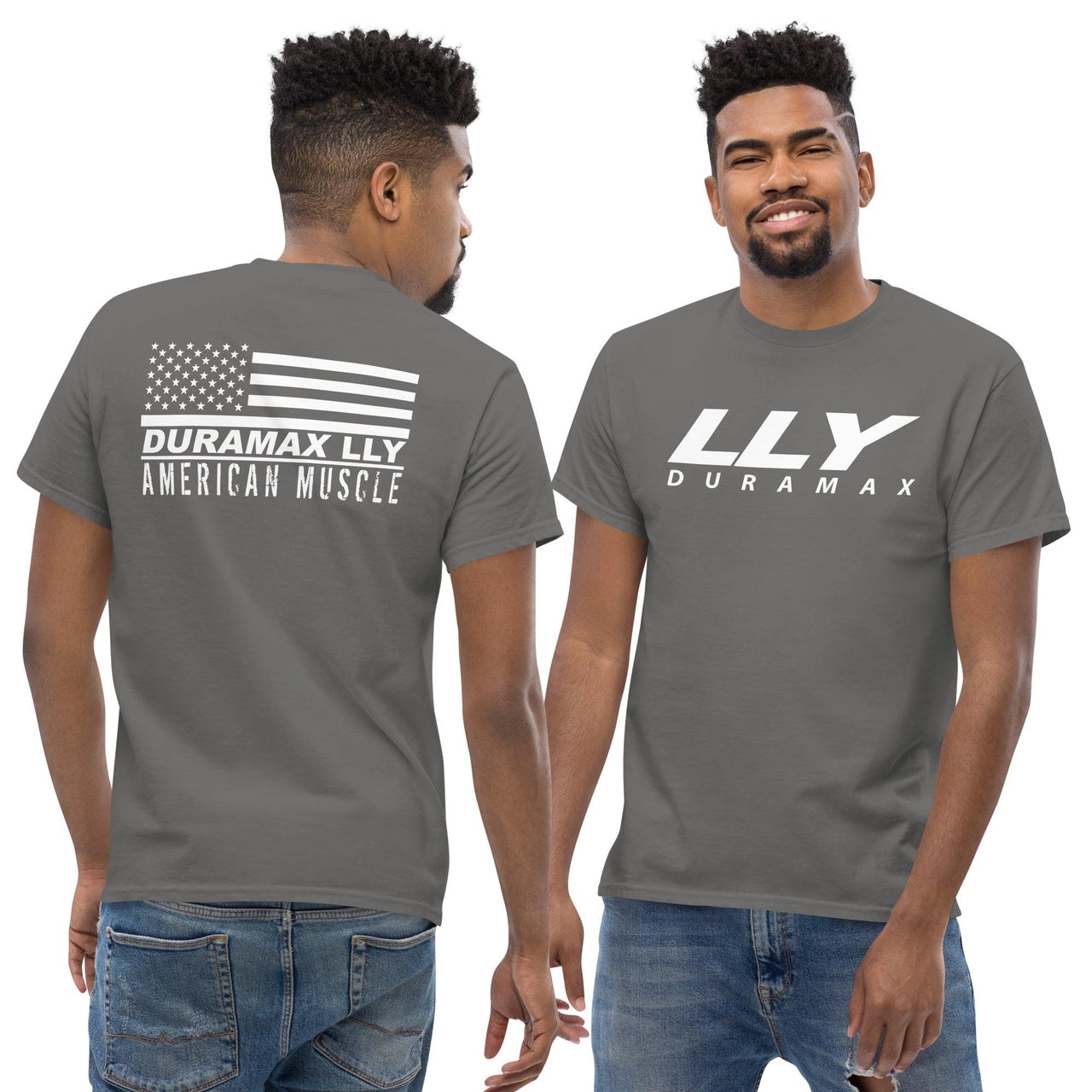 LLY Duramax T-Shirt American Muscle Design Flag - modeled in charcoal
