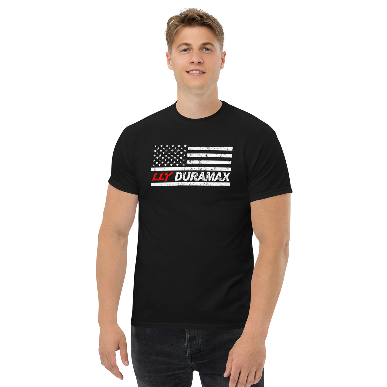 LLY American Flag Duramax T-Shirt modeled in black