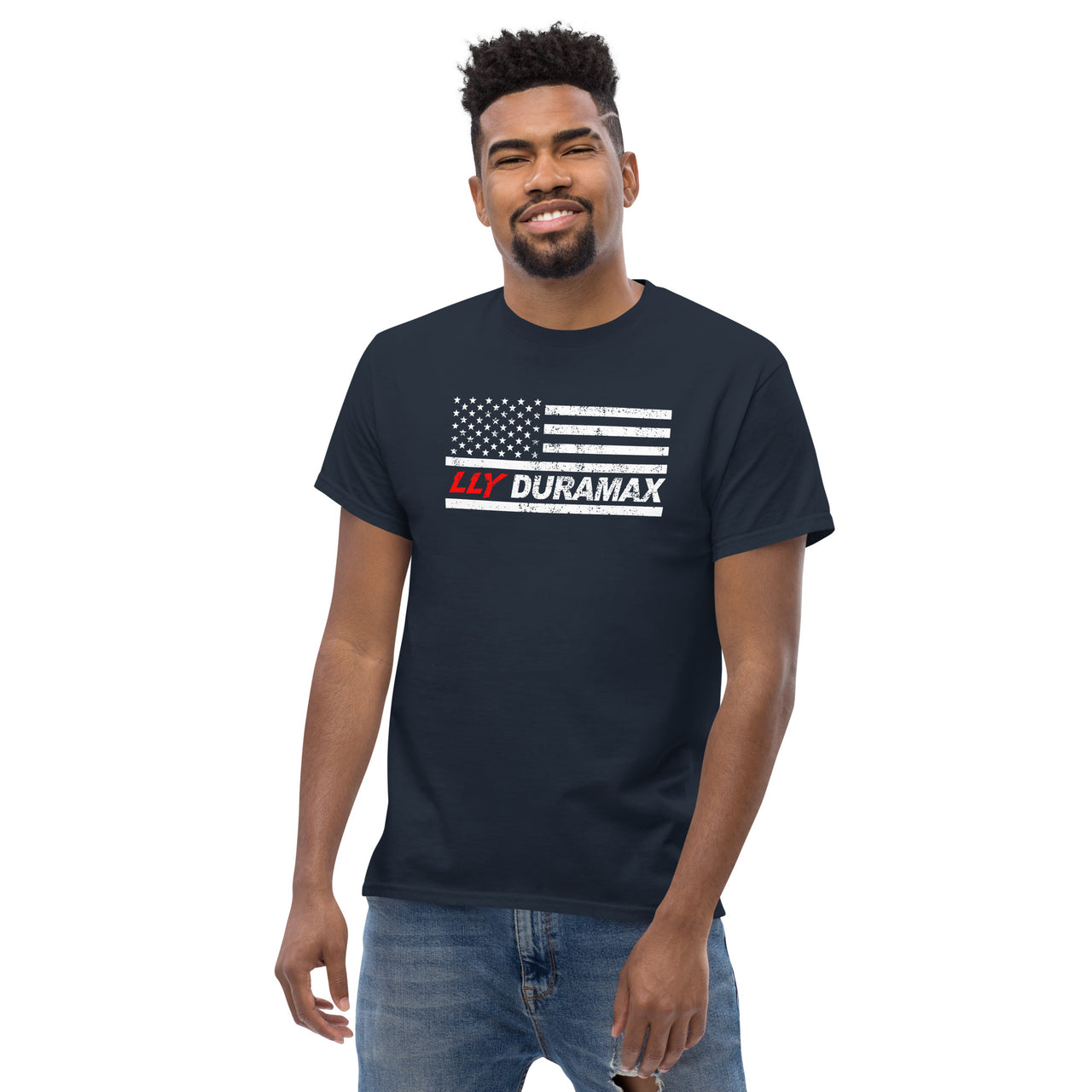LLY American Flag Duramax T-Shirt modeled in navy