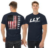 Thumbnail for LLY Duramax T-Shirt With American Flag Design - modeled in color navy