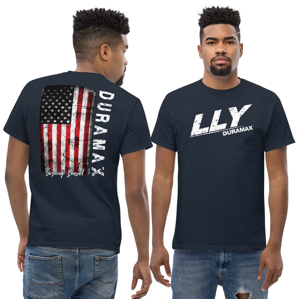 LLY Duramax T-Shirt With American Flag Design - modeled in color navy