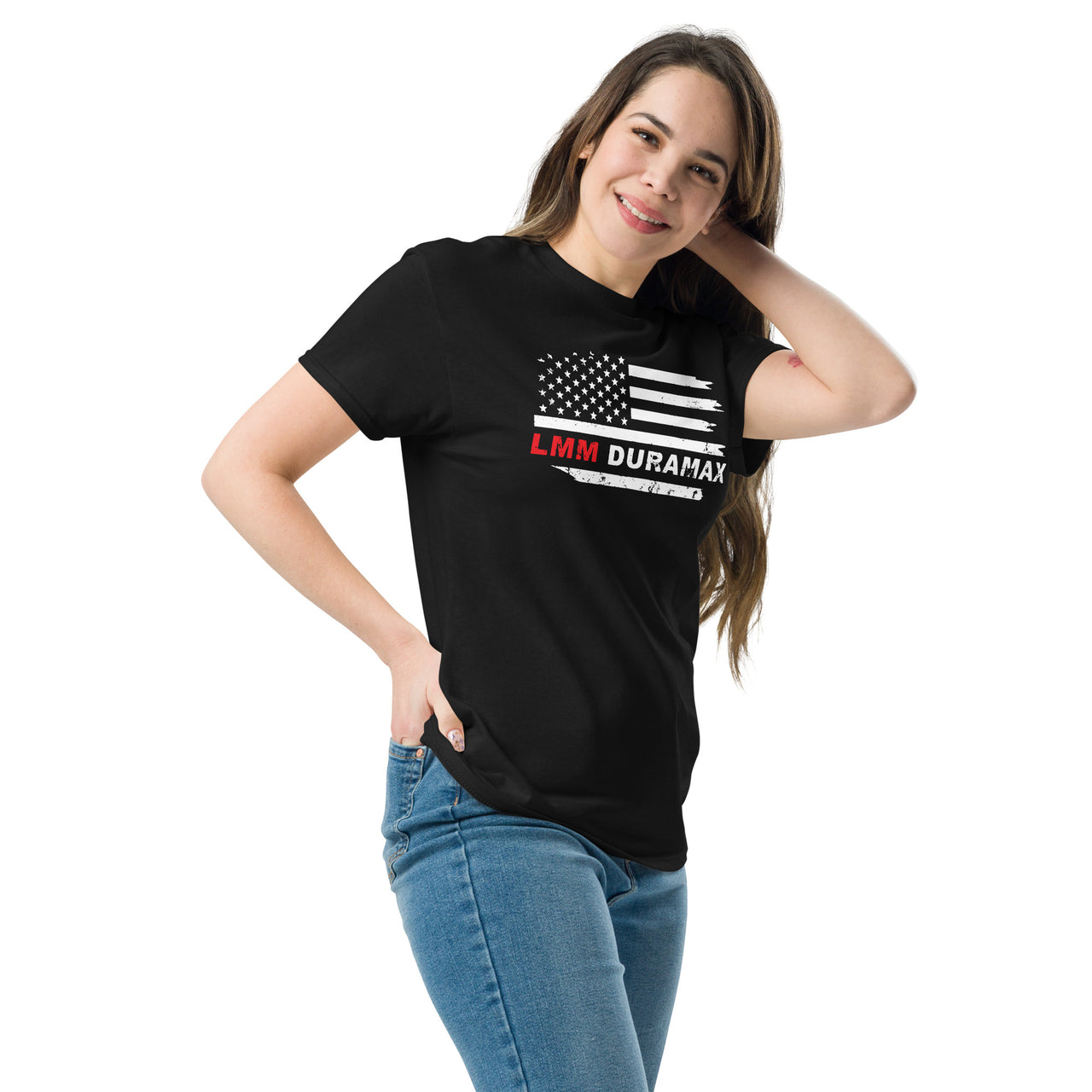 LMM Duramax T-Shirt With American Flag Design - modeled in black on woman