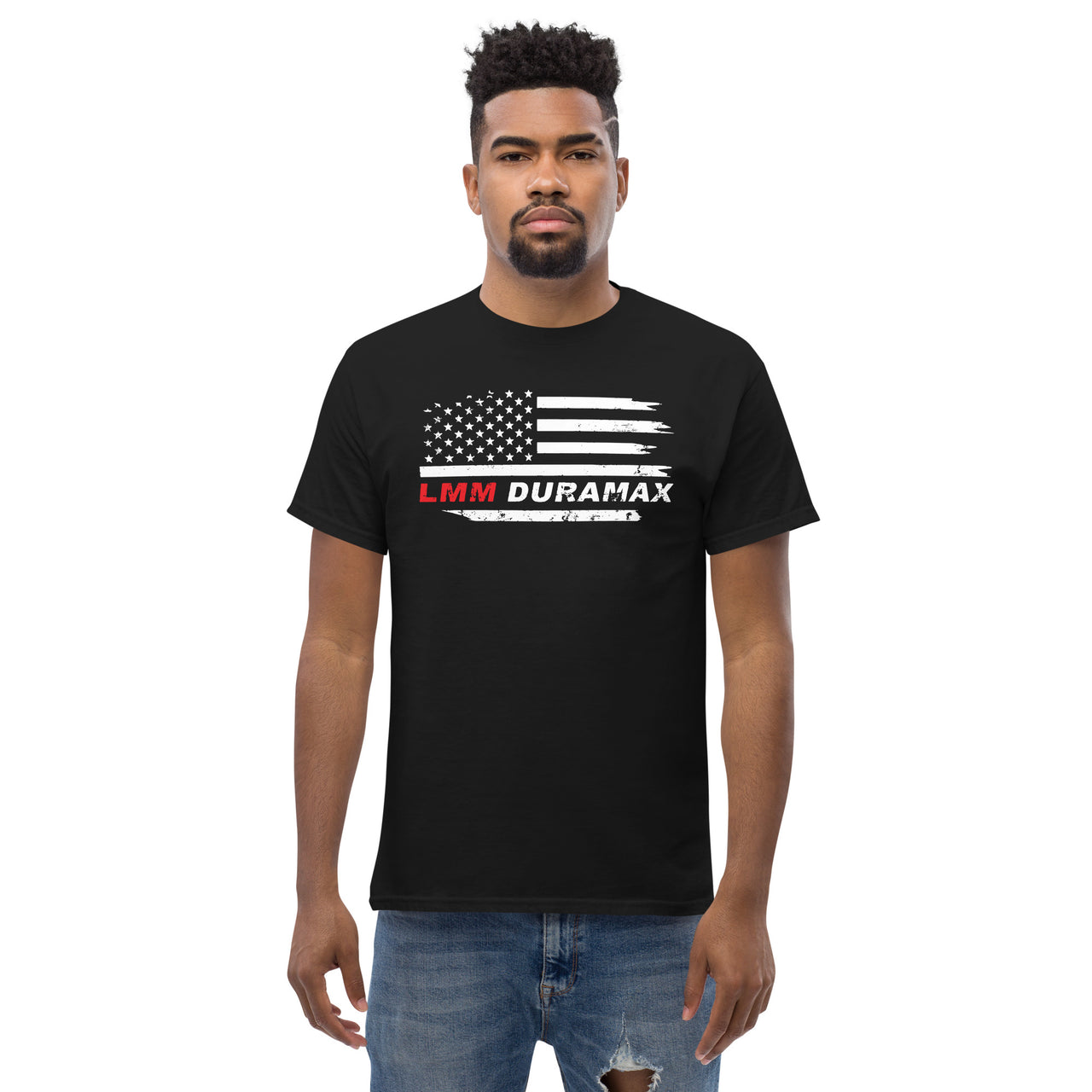 LMM Duramax T-Shirt With American Flag Design - modeled in black on man